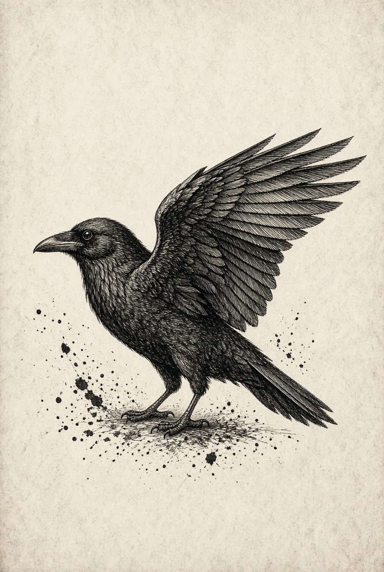 Cuervo a tinta, grabado estilo Doré — identidad de Blackbird